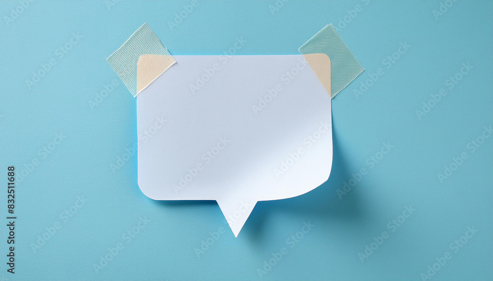 Note paper piece taped to blue background. Minimalist mock up design. Template blank speech bubble. Note paper piece taped to blue background. Minimalist mock up design. Template blank speech bubble.