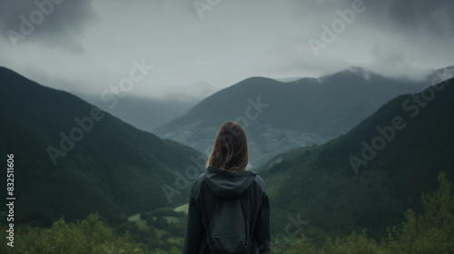 Back view of young woman standing alone outdoors with wild forested mountains in the background Travel Lifestyle and survival concepts 
