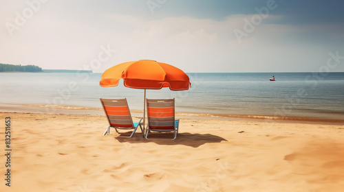 Beach umbrella with chairs, inflatable ring on beach sand. summer vacation concept. 3d rendering 