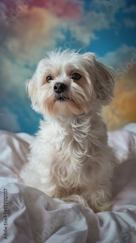 Cachorro maltês de pêlo curto em um fundo celestial © Vitor