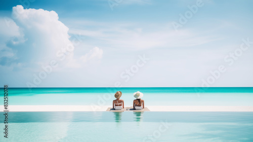 vacation, couple on the beach near swimming pool, luxury travel 