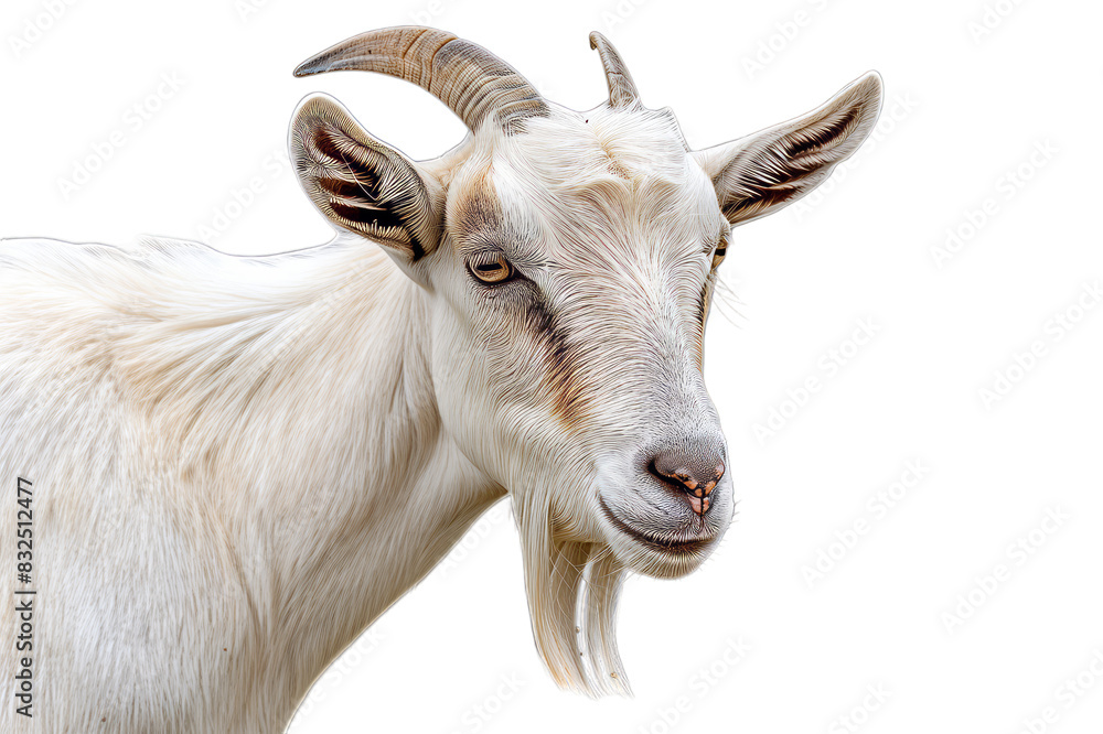 Fototapeta premium White Goat with Curved Horns and Beard, Isolated on Transparent Background, PNG.