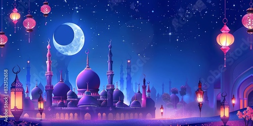 Eid al-adha lanterns and mosque silhouette at night photo