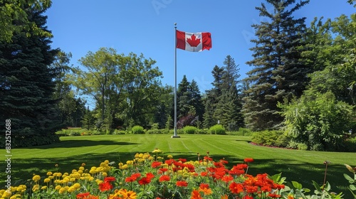 Canadian flag prominently displayed in beautiful park with lush green trees and flowers. Canada Day photo