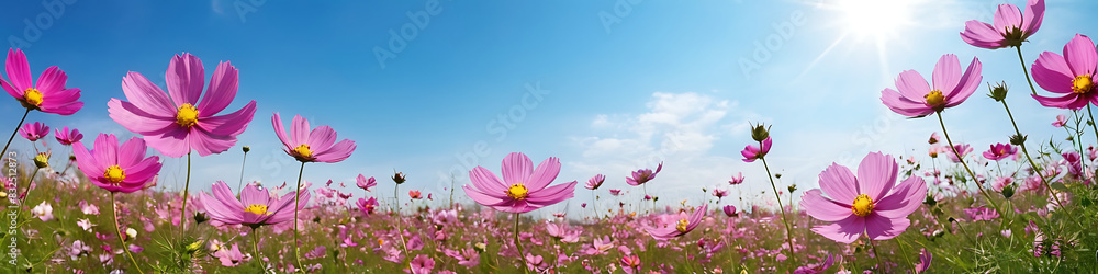 Vibrant pink cosmos flowers blooming under a sunny blue sky. Perfect for conveying springtime, happiness, and natural beauty. Vibrant pink cosmos flowers blooming under a sunny blue sky. Perfect for conveying springtime, happiness, and natural beauty.