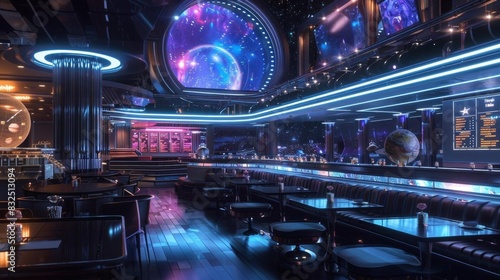 Fototapeta Naklejka Na Ścianę i Meble -  Craft a mesmerizing scene showcasing a futuristic spaceship diner serving galactic dishes under glowing stars, Emphasize sleek metallic surfaces and vibrant holographic menus