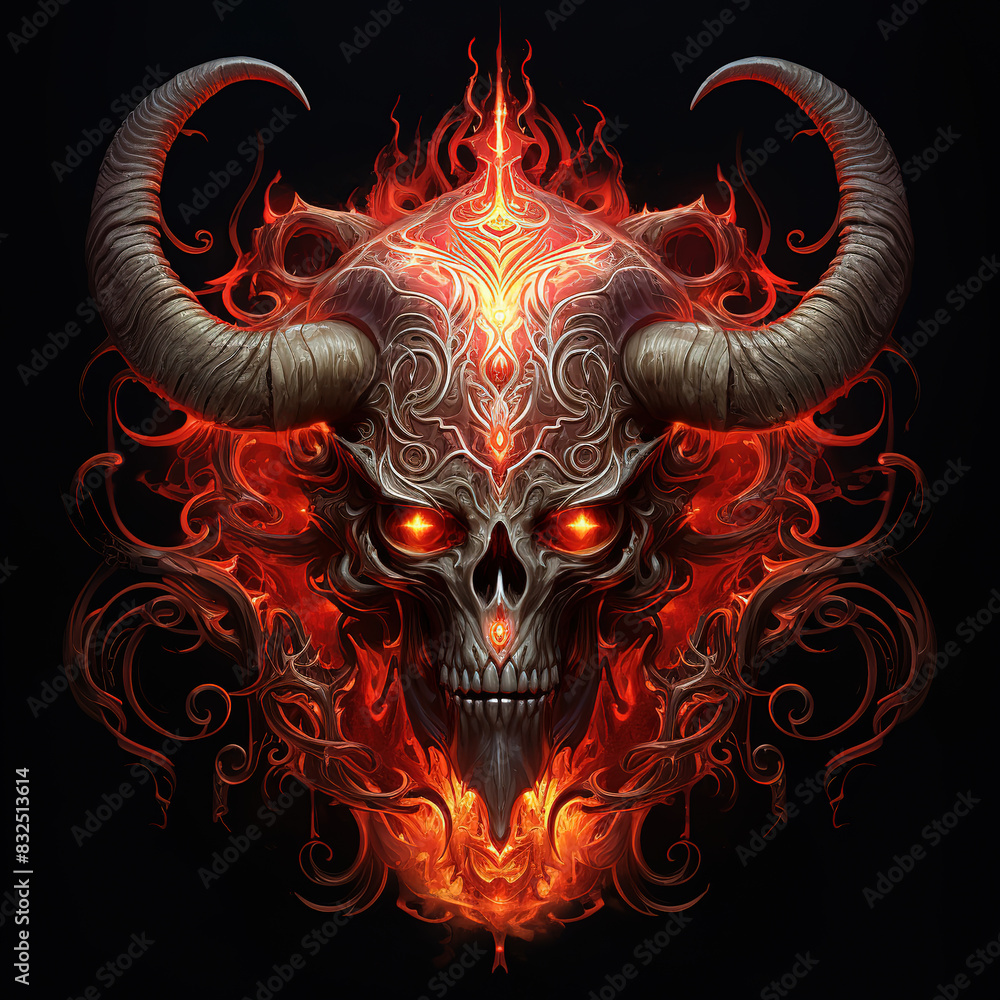 A skull with horns and a fire