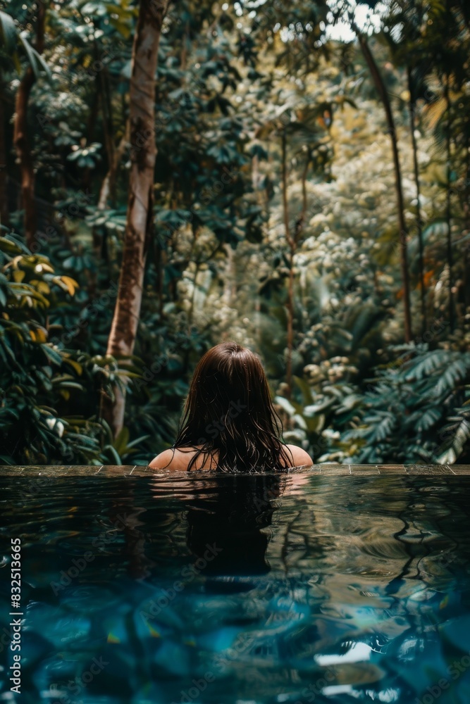 Fototapeta premium Relaxation young man unwinding in the pool of a luxurious resort, enjoying leisure time