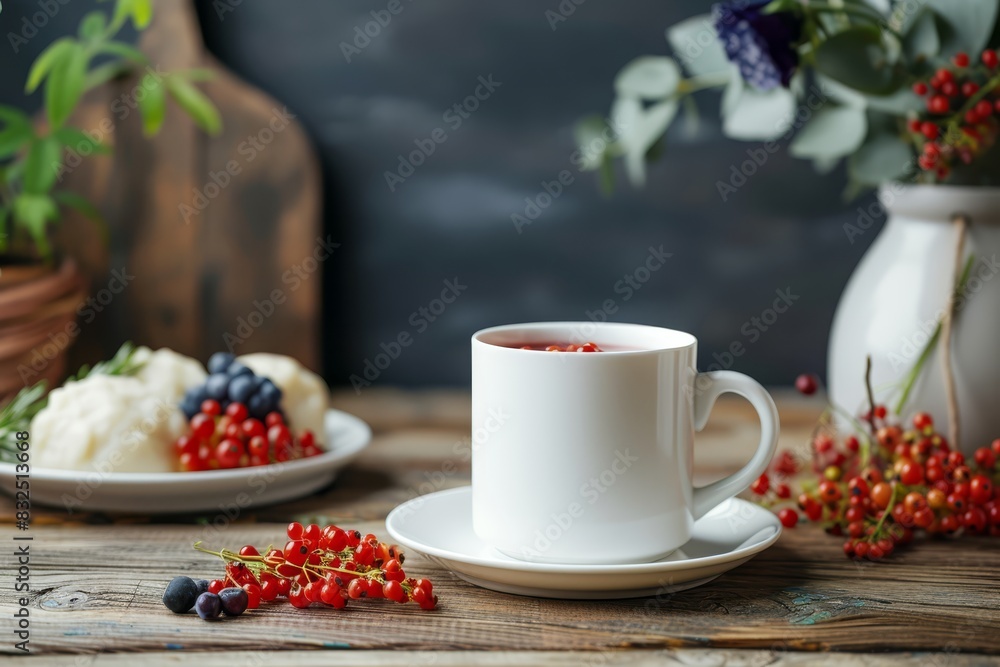 Mockup white cup on saucer on wooden table in cozy rural interior with motifs of national cuisine. Red berries, currants, rowan, dumplings, borscht, khinkali