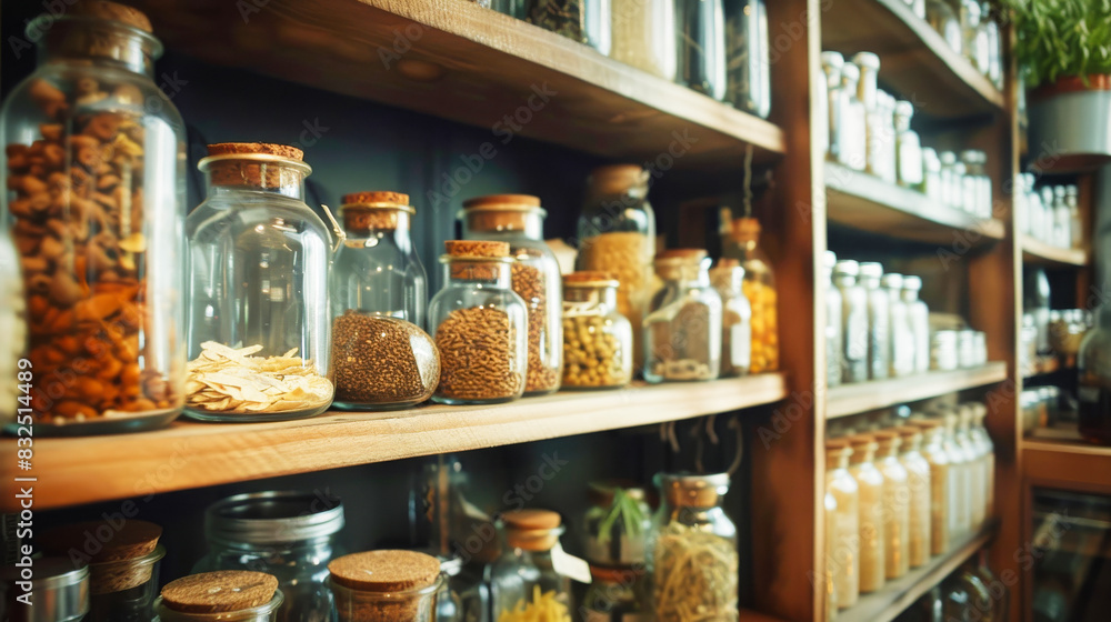 Glass jars and bottles on shelves, containing natural organic food ingredients Glass jars and bottles on shelves, containing natural organic food ingredients