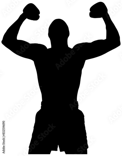 Silhouette of a male boxer with boxing gloves and fists in the air celebrating a win, in black, isolated 