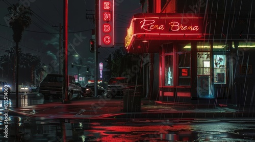 Rainy night in the city with neon signs and retro vibes