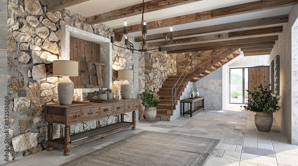 rustic farmhouse entryway with wooden console table and stone wall modern interior design 3d illustration rustic farmhouse entryway with wooden console table and stone wall modern interior design 3d illustration