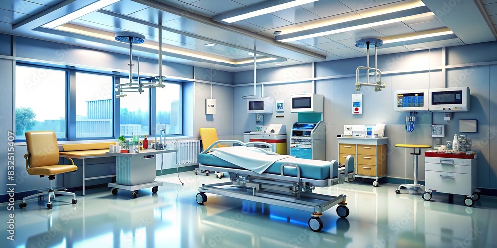 Emergency room hospital department scene with medical equipment and supplies