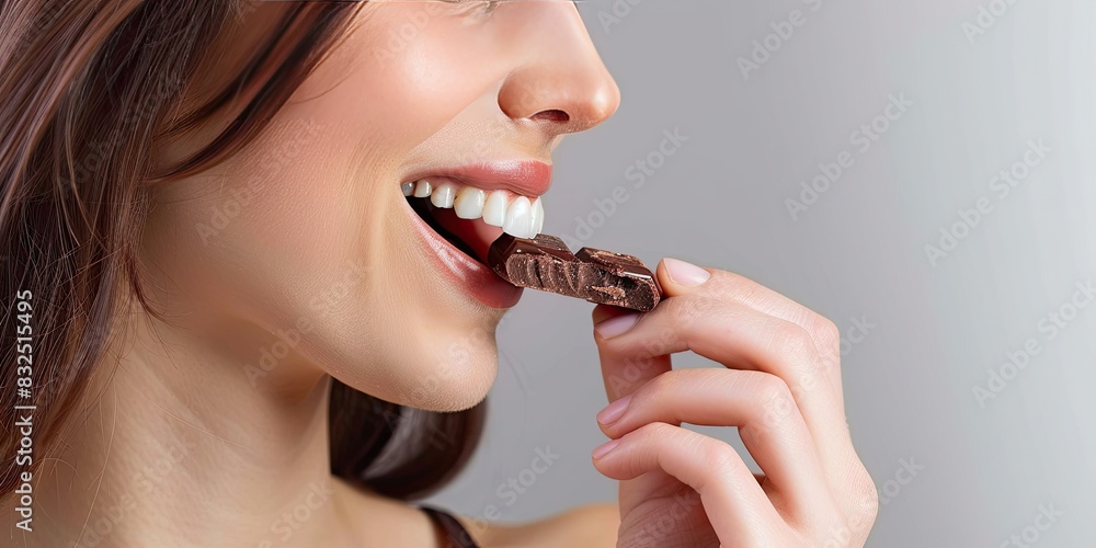 a image of a woman eating a chocolate cookie with a bite taken out of it a image of a woman eating a chocolate cookie with a bite taken out of it
