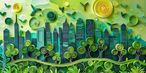 Green eco friendly city and urban forest landscape, paper quilling