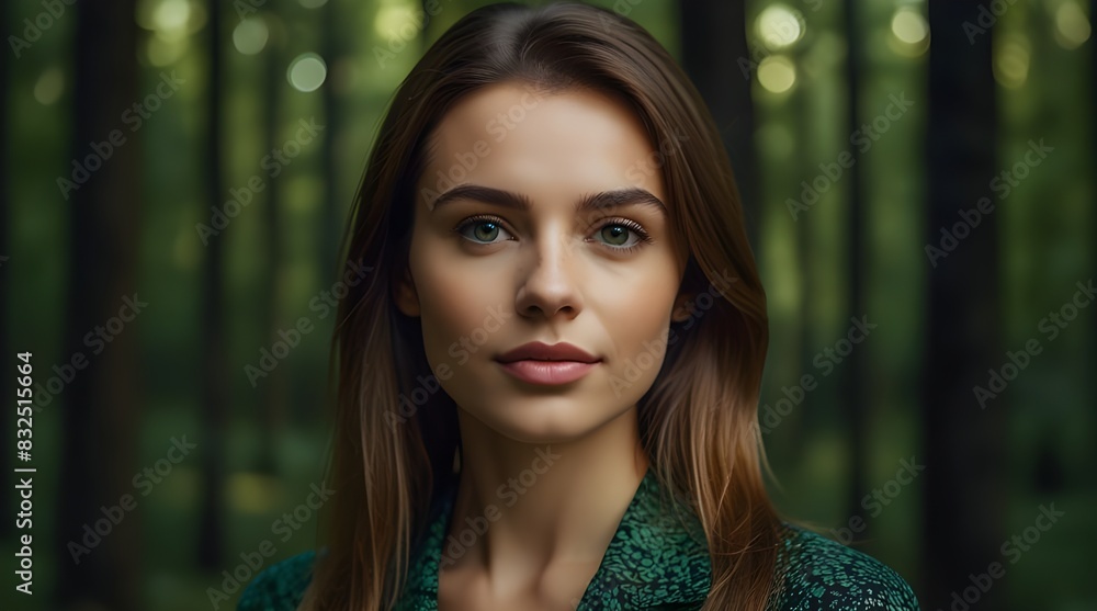 Fototapeta premium collage picture photo of pretty nice women lad in green wood looking into camera happy portrait.generative.ai