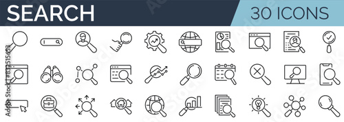 Set of 30 outline icons related to search. Linear icon collection. Editable stroke. Vector illustration