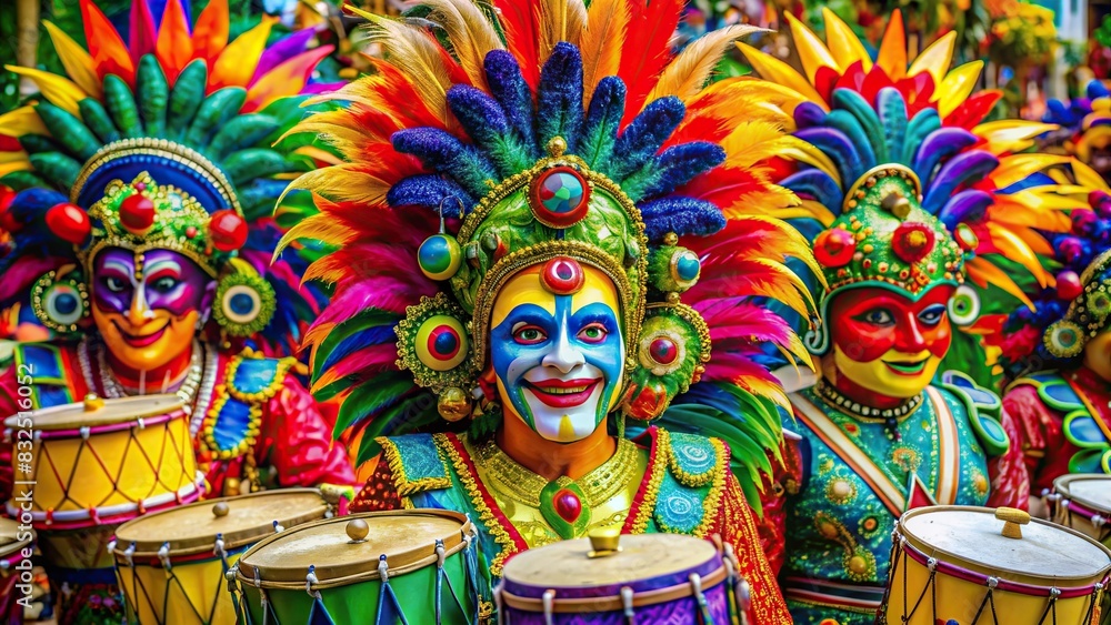 Vibrant image of colorful Carnaval decorations with samba drums and masks