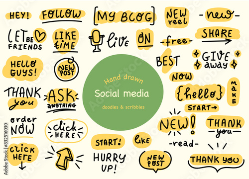 Hand drawn style social media communication texts for promotion, easy edit. Digital phrases
