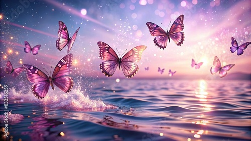 Gorgeous glittery purple butterflies fluttering over ethereal sea waves with shimmering reflections, creating a dreamy pink pastel aesthetic