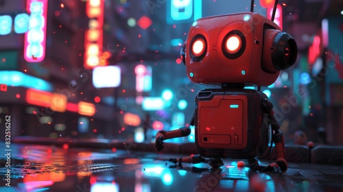 Red robot in a cyberpunk city for futuristic technology designs © Yusif