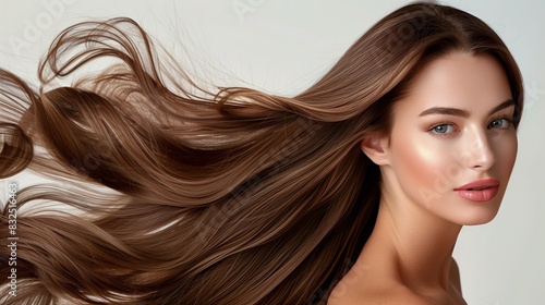 Photography of a beautiful woman with long flowing brown hair against a white background.  Portrait of a woman with long brown hair cascading over her shoulders with a white backdrop.