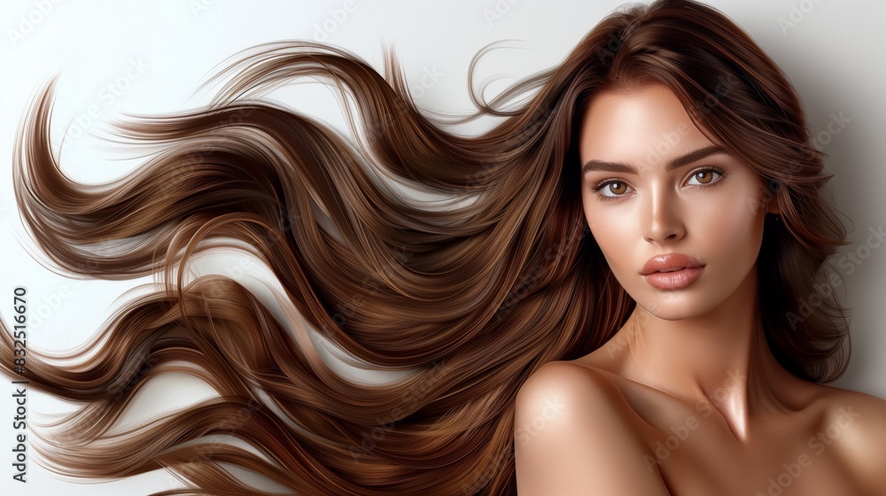 Photography of a beautiful woman with long flowing brown hair against a white background., Portrait of a woman with long brown hair cascading over her shoulders with a white backdrop. Photography of a beautiful woman with long flowing brown hair against a white background., Portrait of a woman with long brown hair cascading over her shoulders with a white backdrop.