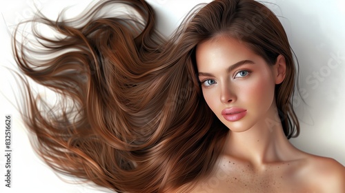 Photography of a beautiful woman with long flowing brown hair against a white background., Portrait of a woman with long brown hair cascading over her shoulders with a white backdrop.