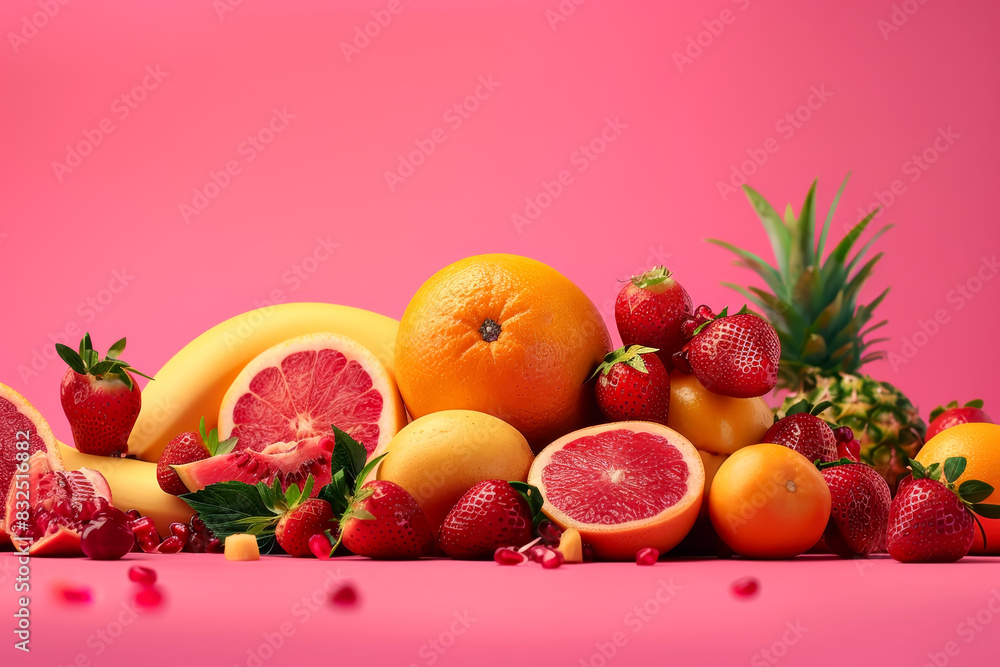 Collection of fruits, pile of exotic fruits on vintage pink wall background. Collection of fruits, pile of exotic fruits on vintage pink wall background.