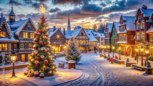 Enchanting winter cityscape adorned with festive decorations and blanket of snow photo