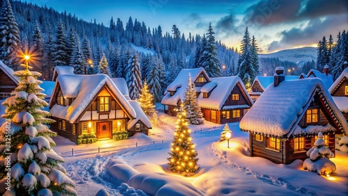Snow-covered Christmas village with twinkling lights and cozy cottages