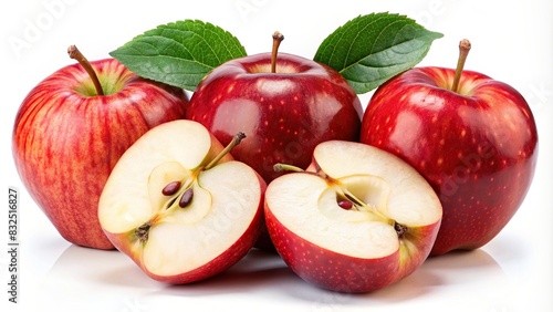 Set of red apples isolated on background, cut and sliced halved