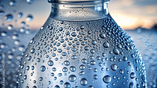 Close-up of a clear glass bottle with water droplets on its surface photo