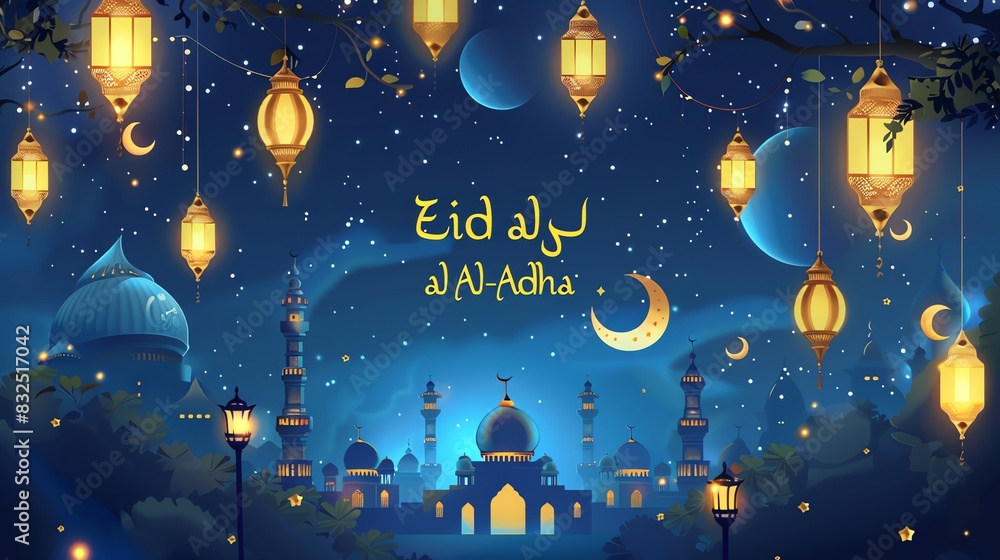 Beautiful night scene with crescent moon and mosque elements Beautiful night scene with crescent moon and mosque elements