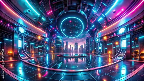 Modern futuristic 12K HDRI abstract panorama with LED and neon lights on dark background