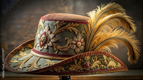 Antique musketeer hat with intricate embroidery and feather accent