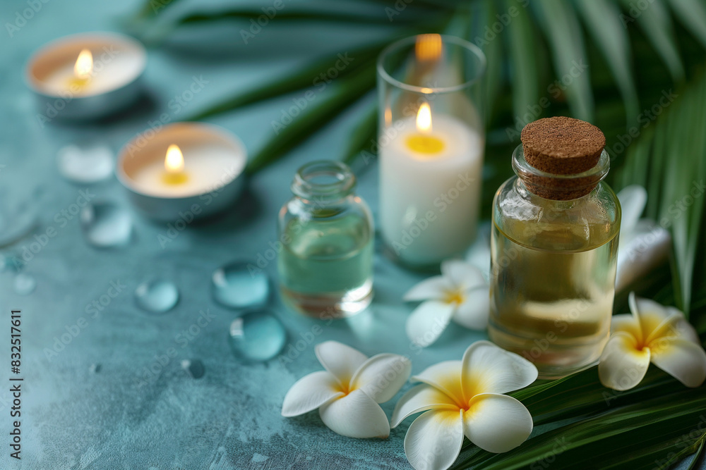 Set for spa with towels, salt and aromatic oils, selective focus Set for spa with towels, salt and aromatic oils, selective focus