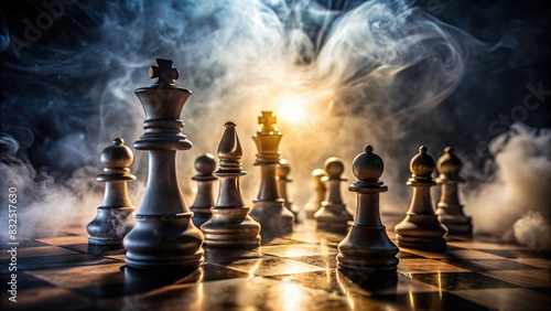 Foggy atmosphere with chess pieces on a dark background photo