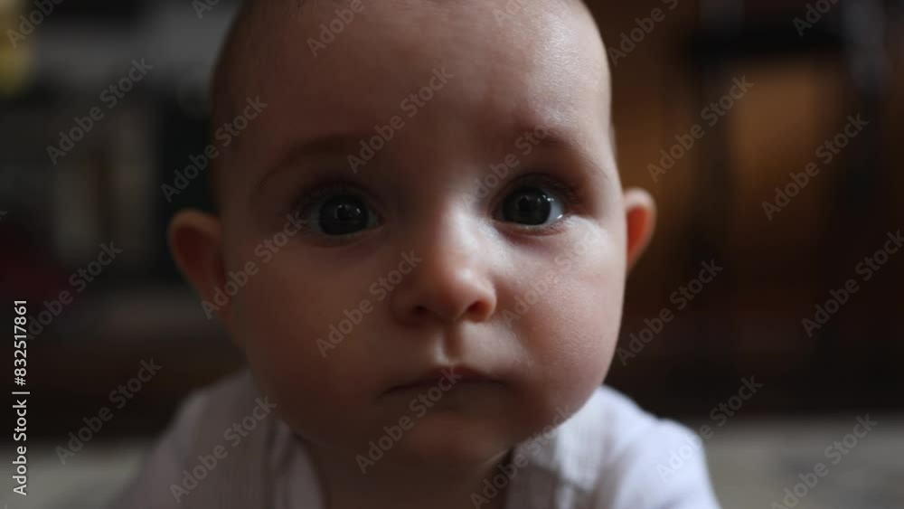 Close-up of a baby on all fours on the floor, looking into the camera. The child is learning to crawl. Close-up of a baby on all fours on the floor, looking into the camera. The child is learning to crawl.