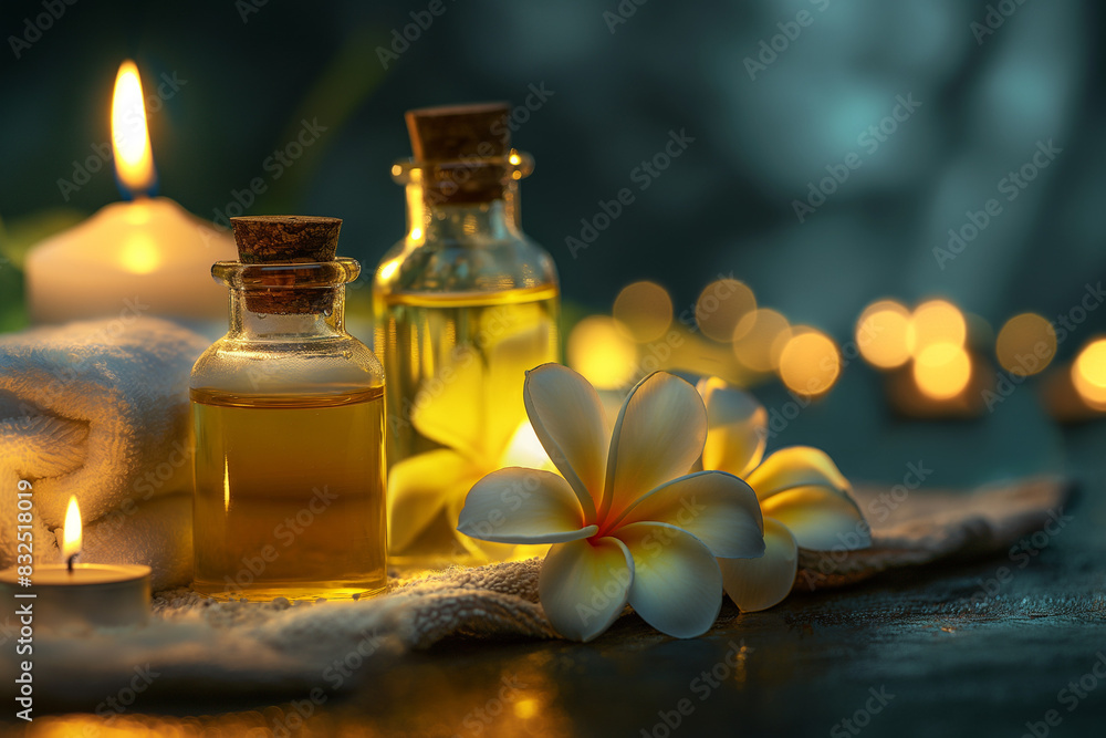 Set for spa with towels, salt and aromatic oils, selective focus Set for spa with towels, salt and aromatic oils, selective focus