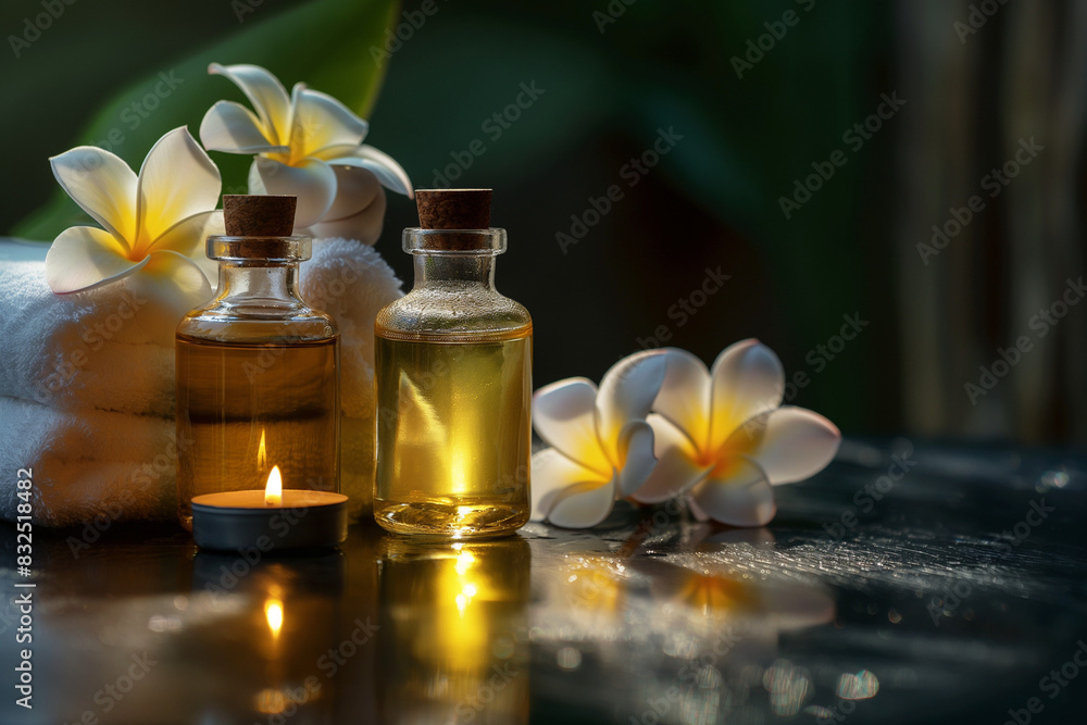 Set for spa with towels, salt and aromatic oils, selective focus Set for spa with towels, salt and aromatic oils, selective focus