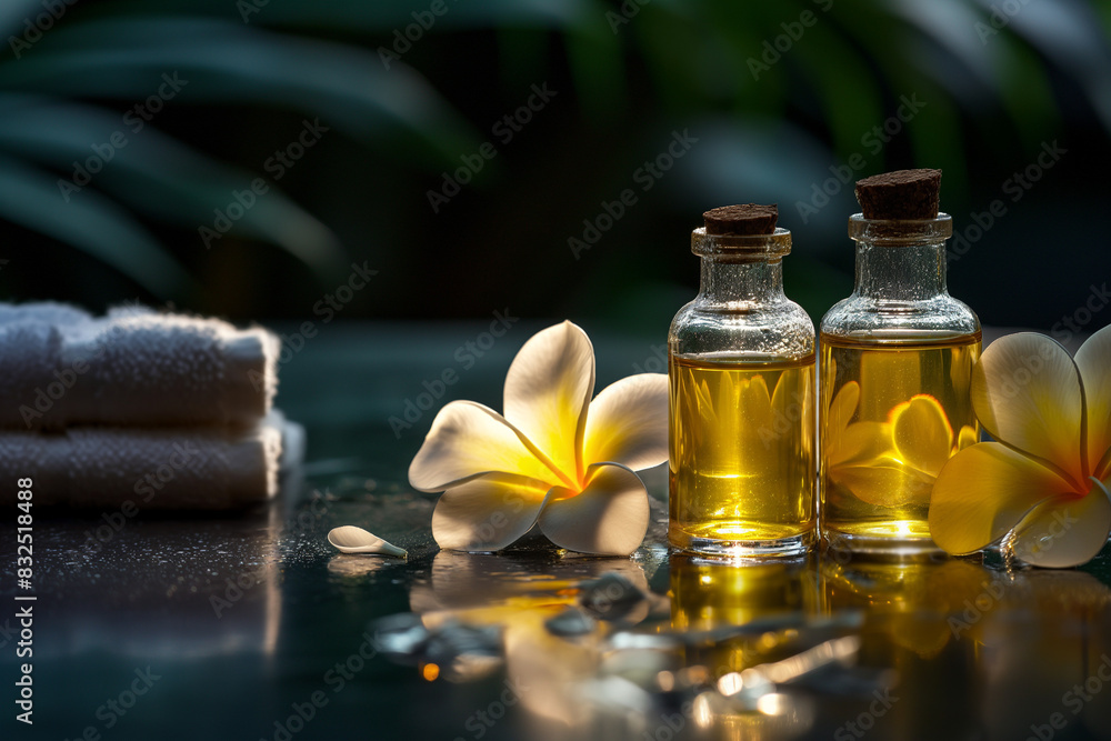 Set for spa with towels, salt and aromatic oils, selective focus Set for spa with towels, salt and aromatic oils, selective focus