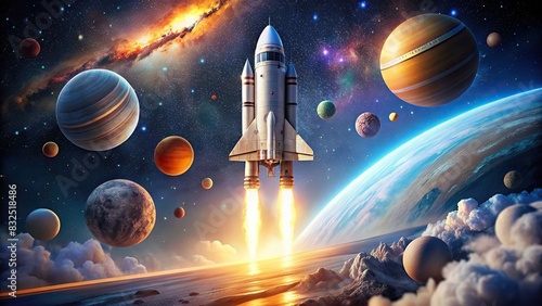 Detailed rendering of a futuristic space rocket against stars and planets