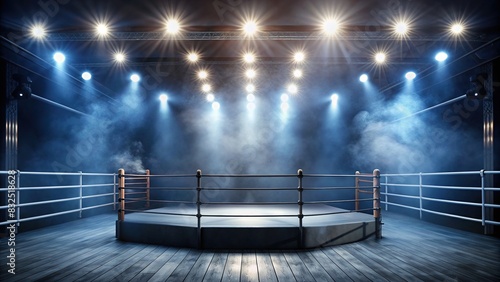 Professional boxing ring with spotlights and smokey background, perfect for martial arts related content