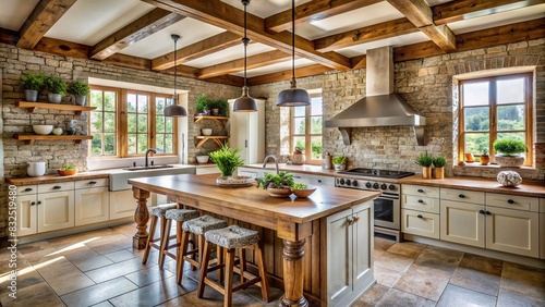 Rustic farmhouse kitchen with natural stone countertops and wooden beams photo