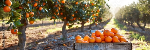 Sunlit citrus orchard with ripe oranges in a rustic wooden crate under golden sunlight photo
