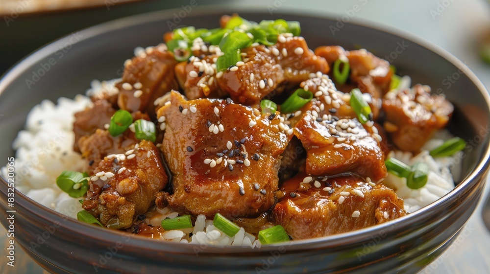 Fototapeta premium Savory pork in sweet miso served with rice