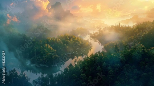 Explore a birds-eye view of a fantasy world inspired by Impressionism, using innovative lighting techniques to illuminate dreamy landscapes photo