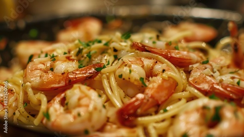 Shrimp and spaghetti sauteed in a skillet photo